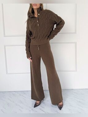 Splendid Brown Knit Wide-Leg Pants and Gold Button Sweater.